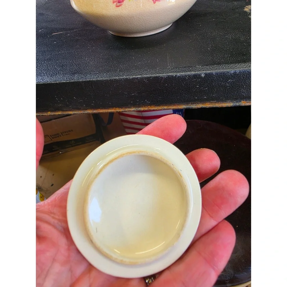 Vintage Floral Ceramic Sugar Bowl with Lid 22K Gold Trim Crazed Glaze Cream